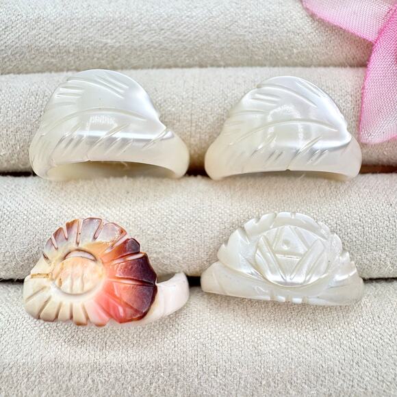 Carved Mother Of Pearl MOP Ring Lot Beachy Tropical Vacation Beach Wedding 4 Pcs - Picture 1 of 13